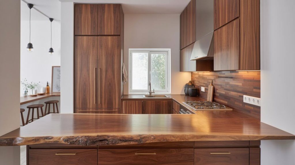 drewno w kuchni i blat z kawałka drewna